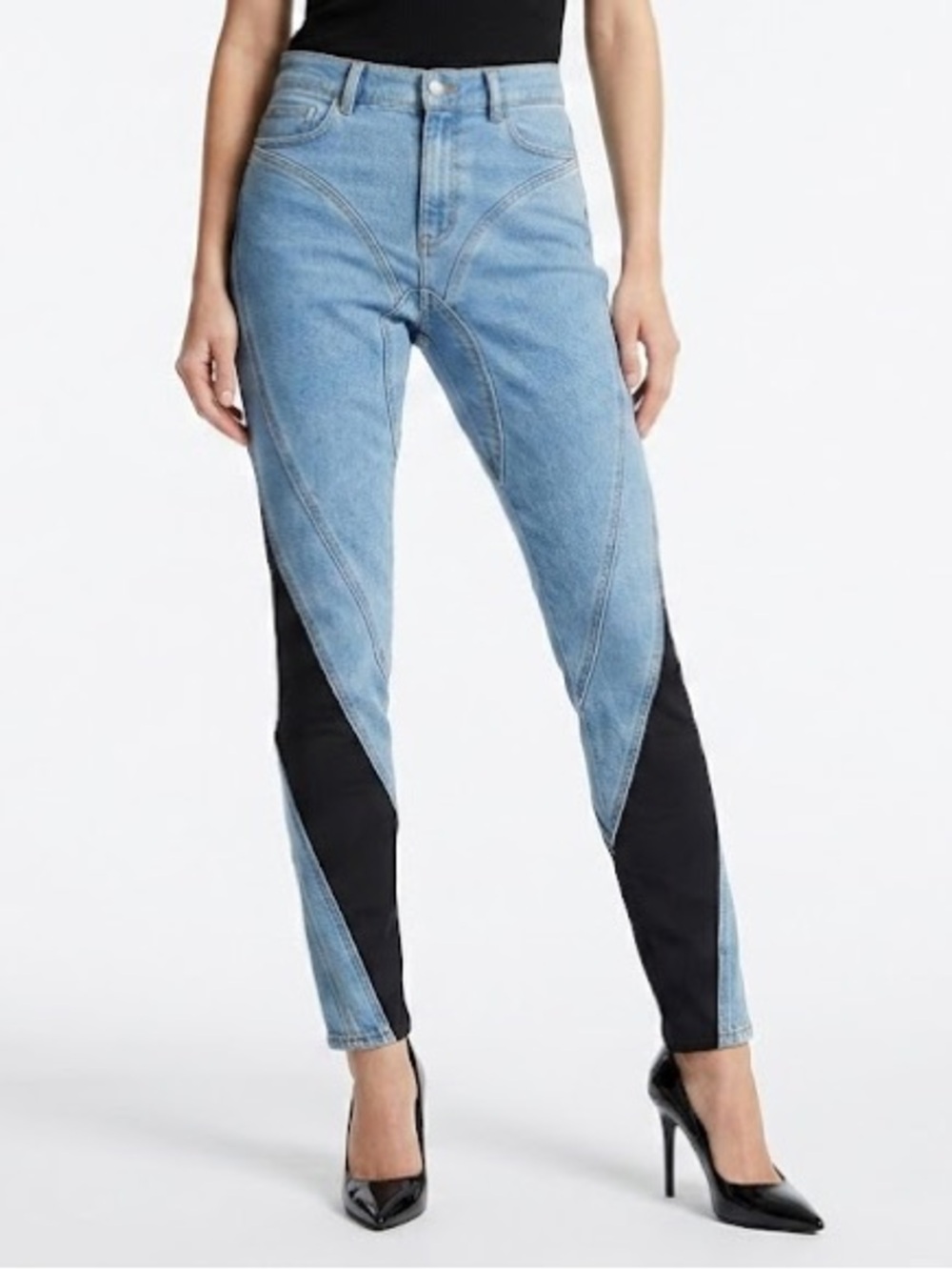MUGLER X HM Spiral-Panel Blue and Black Slim-Fit Skinny Jeans - SZ 12